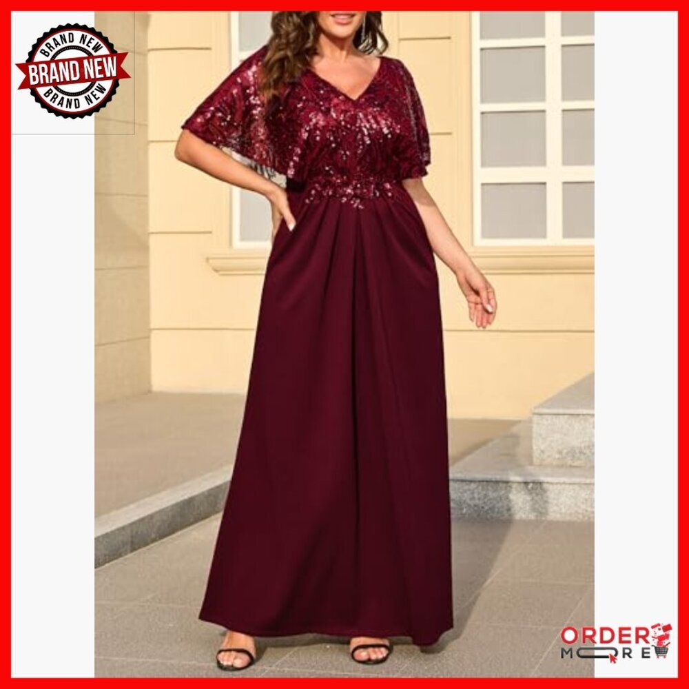 Plus Size Sequin Formal Evening Dress V-Neck Cape Sleeve Maxi - Picture 3 of 5